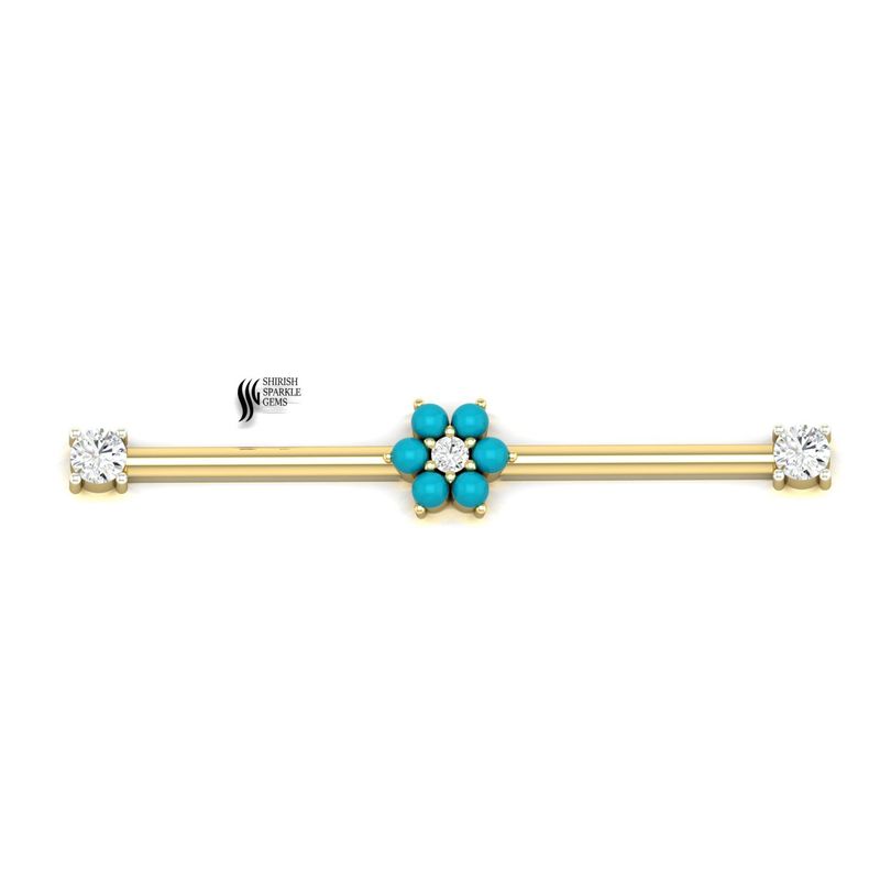 Solid Gold Turquoise Flower Industrial Barbell with Lab Diamond Ends