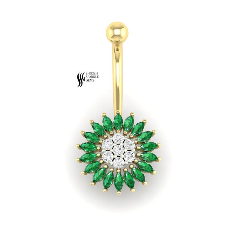 Solid Gold Emerald and Lab Diamond Sunflower Belly Button Ring Gift for Her