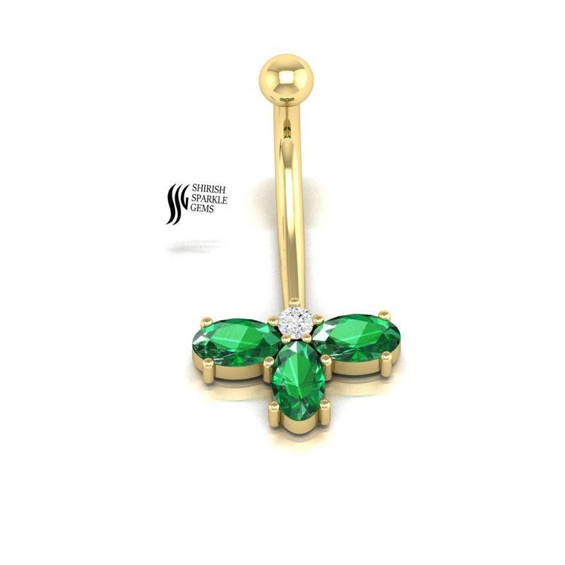 Solid Gold Emerald and Lab Diamond Clover Belly Button Ring