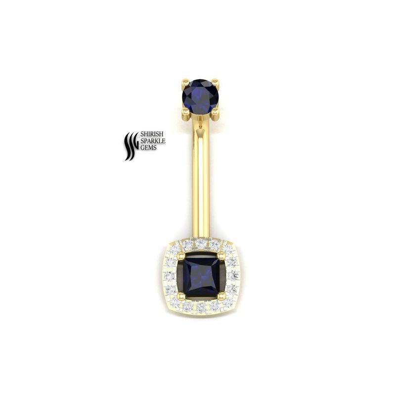 Solid Gold Princess Cut Blue Sapphire and Lab Diamond Halo Belly Button Ring