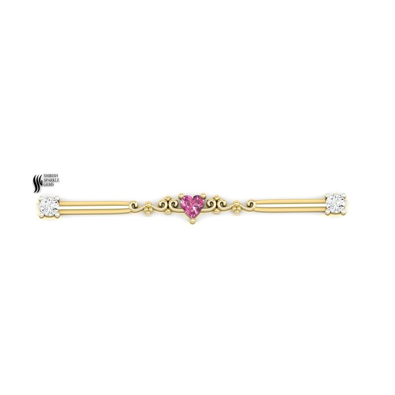Solid Gold Industrial Barbell with Pink Heart Sapphire & Diamond Ends
