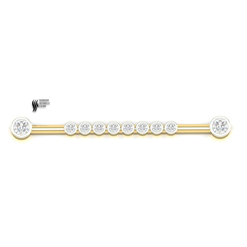 Gold Lab Diamond Industrial Barbell â¢ Bezel Set Diamond Scaffold Piercing â¢ Multi Stone Real Gold Ear Cartilage Bar
