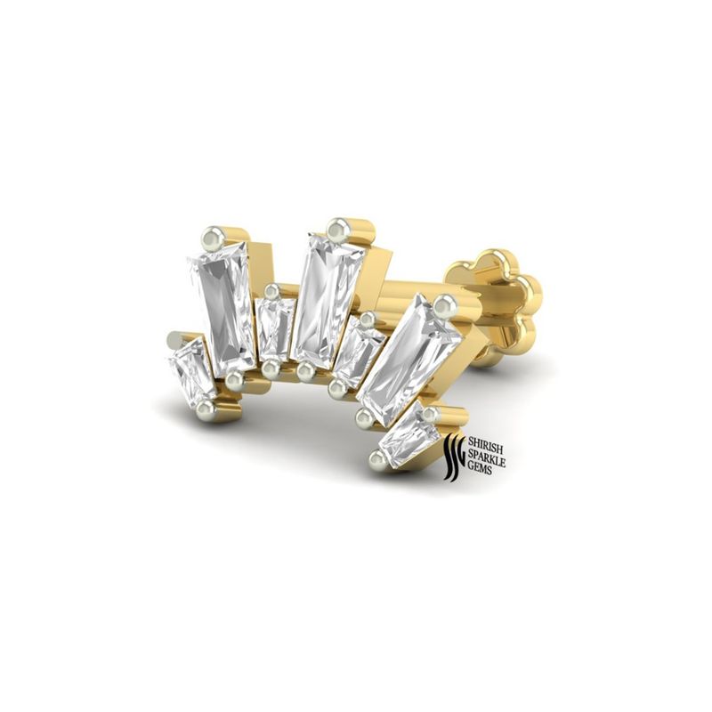 Gold Lab Diamond Baguette Fan Threadless Labret â¢ Real Diamond Helix Piercing â¢ Sunburst Cartilage Earring â¢ Flat Back Stud â¢ Gift for Her