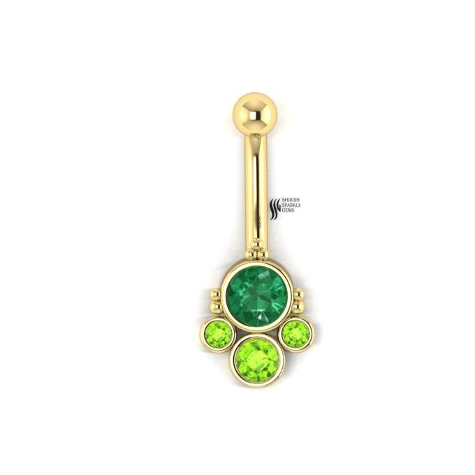 Emerald and Peridot Belly Button Ring | Natural Green Gemstone Navel Piercing - Bezel Set Cluster Body Jewelry, Gift for Her