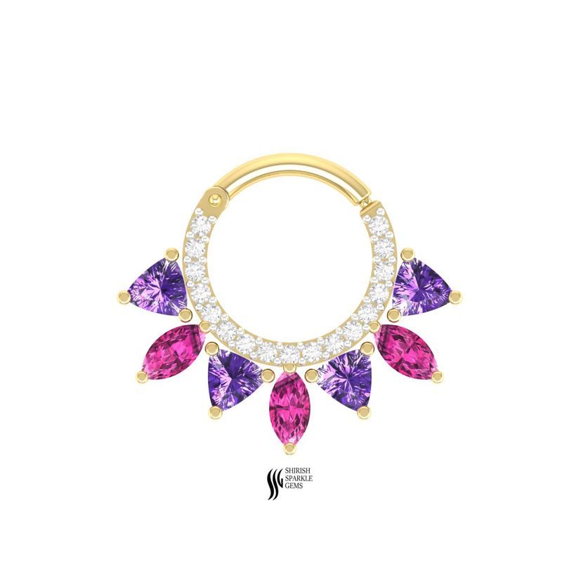 Pink Tourmaline & Amethyst Diamond Nose Ring | Multi-Gemstone Septum Clicker | Luxury Sunburst Daith Hoop Gift