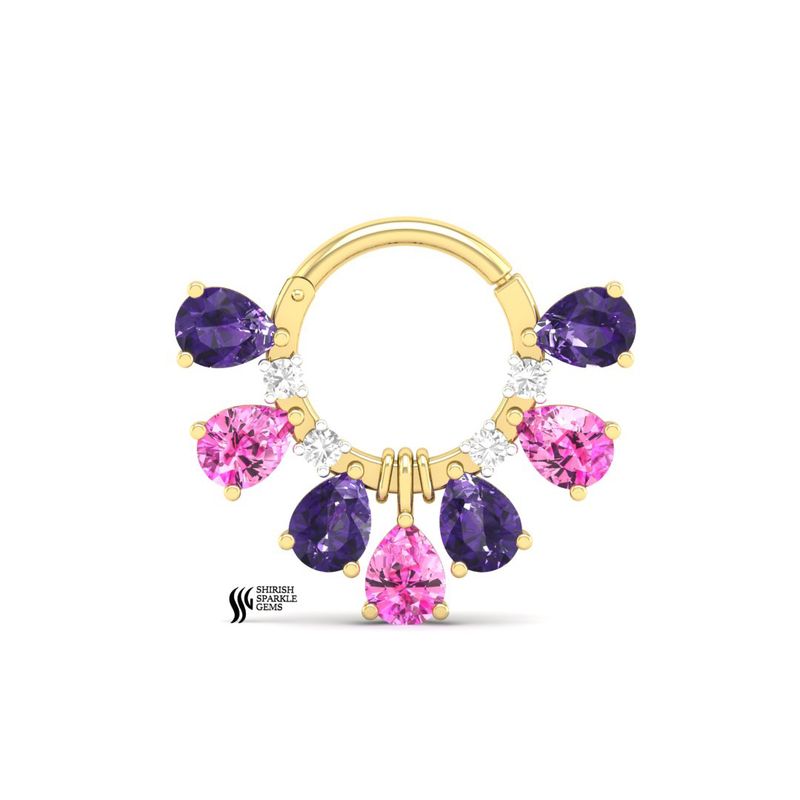 Gold Pink Tourmaline & Amethyst Septum Ring | Pear Cut Gemstone Sunburst Clicker |