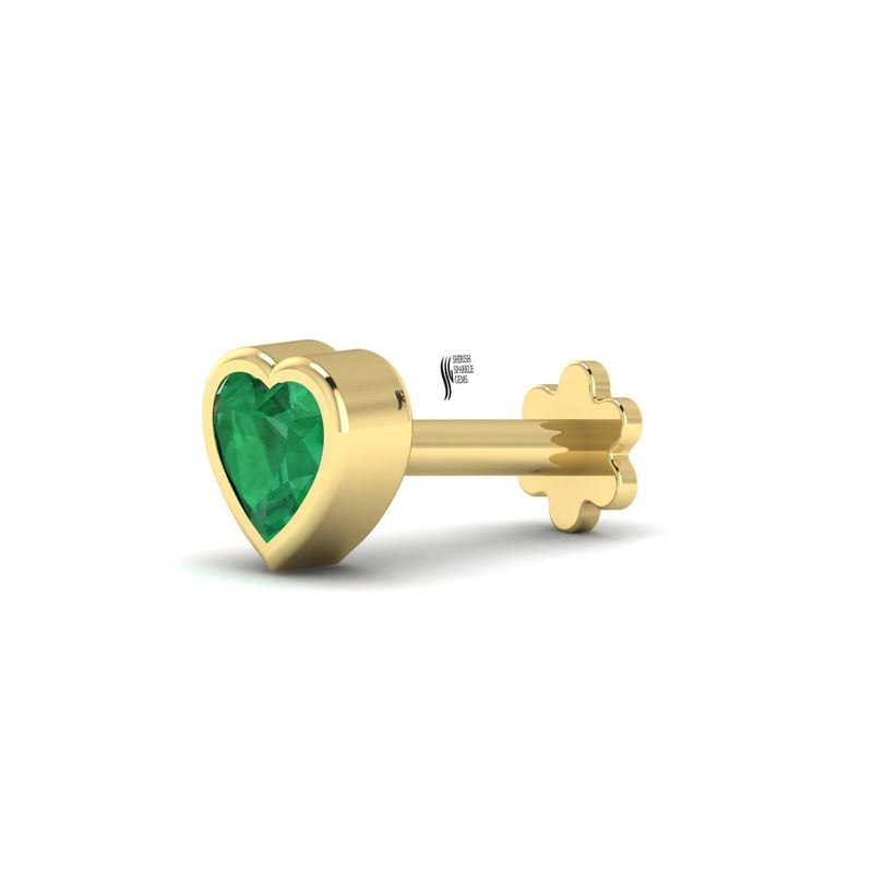 Heart Emerald Nose Pin, Heart Cut Green Emerald Nose Stud, Real Gold Bezel Set Piercing,