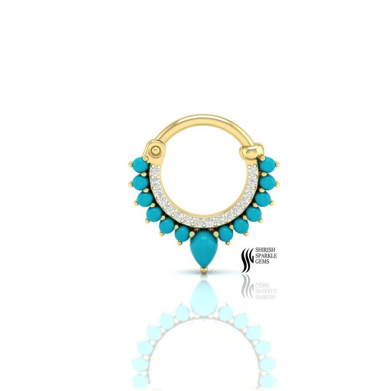 old Turquoise and Diamond Septum Clicker, Real Gold Turquoise Nose Ring Hoop, Boho Beaded Septum Jewelry,