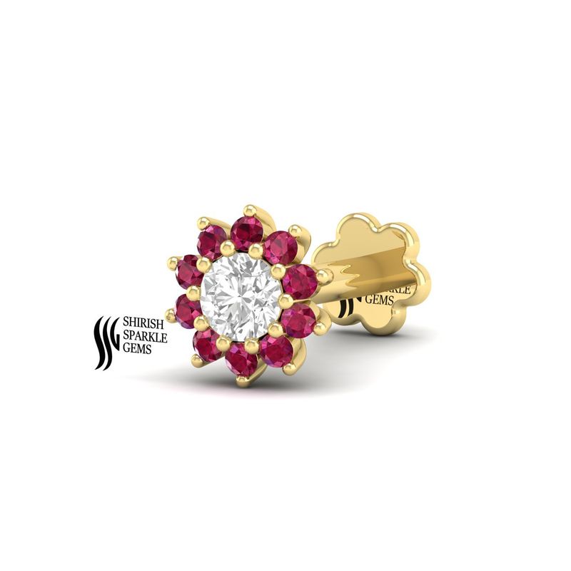 Gold Ruby and Diamond Nose Pin, Flower Cluster Nose Stud, Real Gold Ruby Halo Piercing,