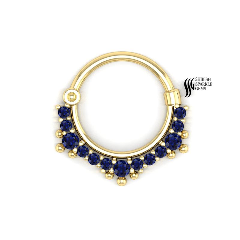 Gold Blue Sapphire Septum Clicker, V-Shape Sapphire Nose Ring Hoop, Real Gold Chevron Septum Jewelry,