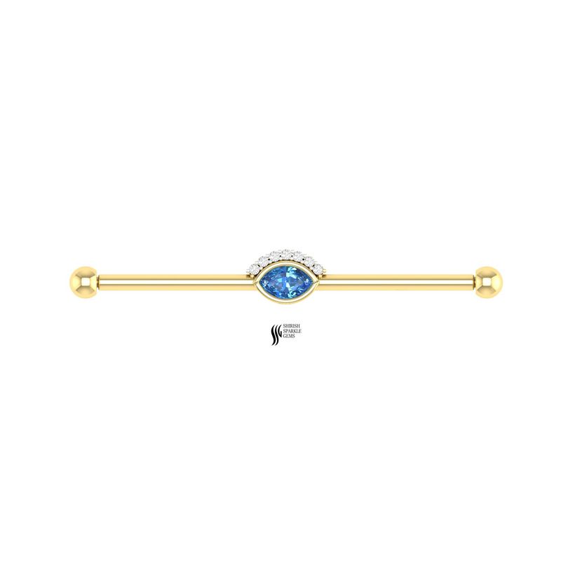 Gold Blue Sapphire Industrial Barbell, Marquise Sapphire & Natural Diamond Ear Cartilage Piercing, Real Gold 14g Scaffold Bar, Luxury Piercing Jewelry Gift