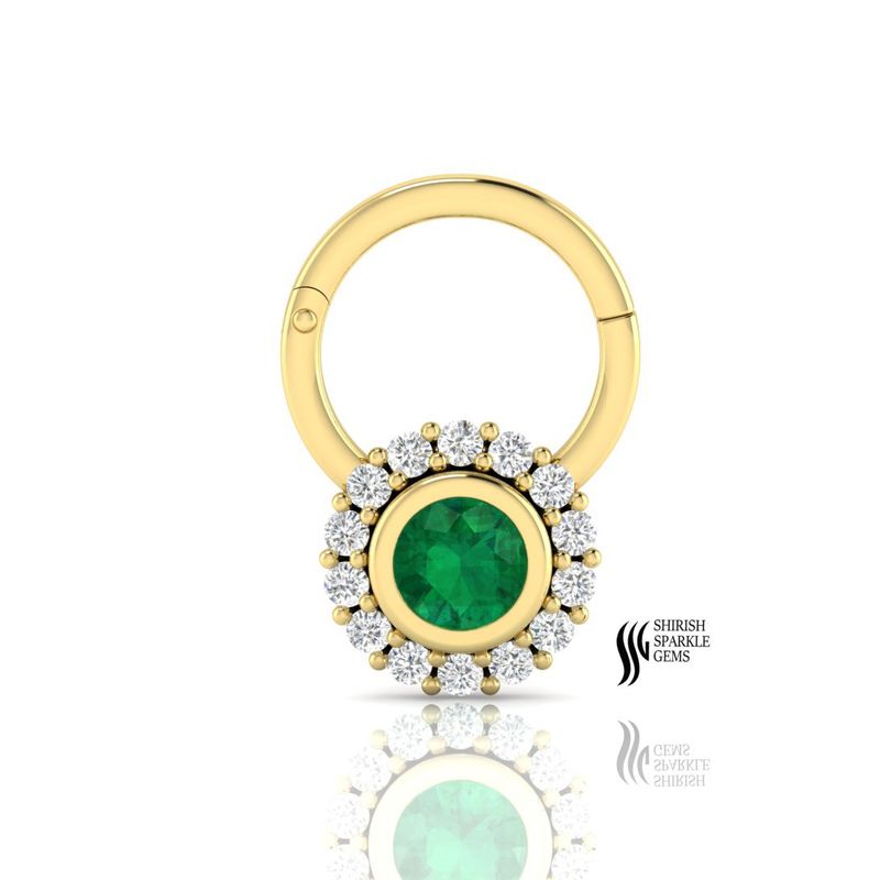 Gold Emerald Diamond Septum Clicker - Real Diamond Nose Ring Hoop - Round Emerald Daith Piercing - Luxury Jewelry Gift for Her