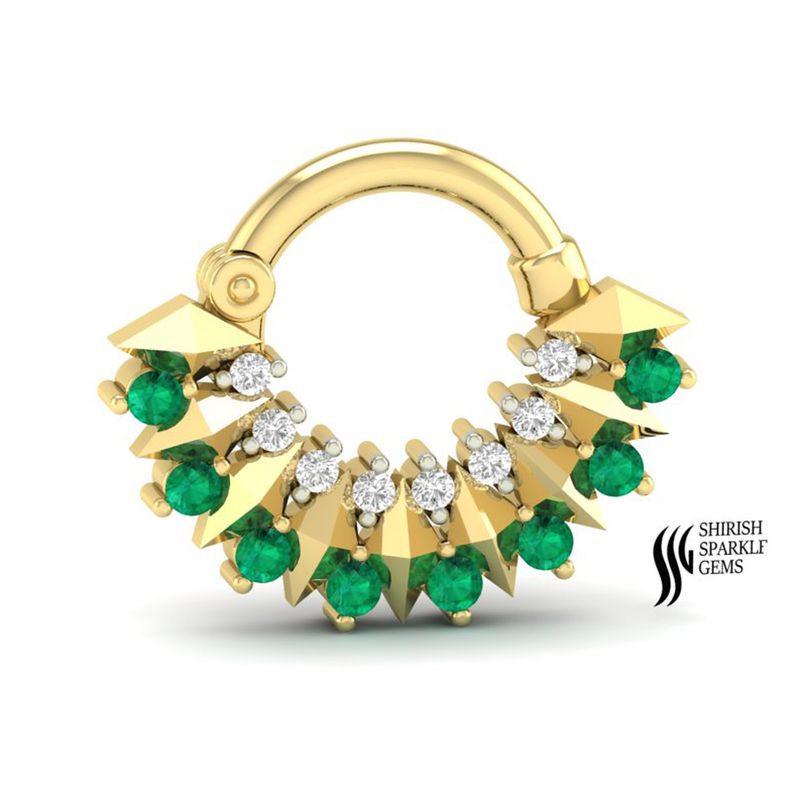 Emerald Diamond Septum Clicker - Geometric Fan Nose Ring Hoop - Real Diamond Daith Piercing - Luxury May Birthstone Jewelry Gift