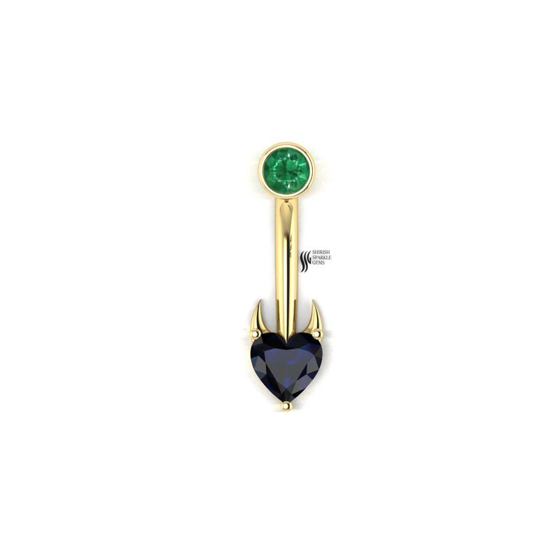 14K Solid Gold Devil Heart Navel Ring | Natural Emerald & Blue Sapphire Belly Piercing | Luxury Gemstone Body Jewelry | Unique Gift for Her