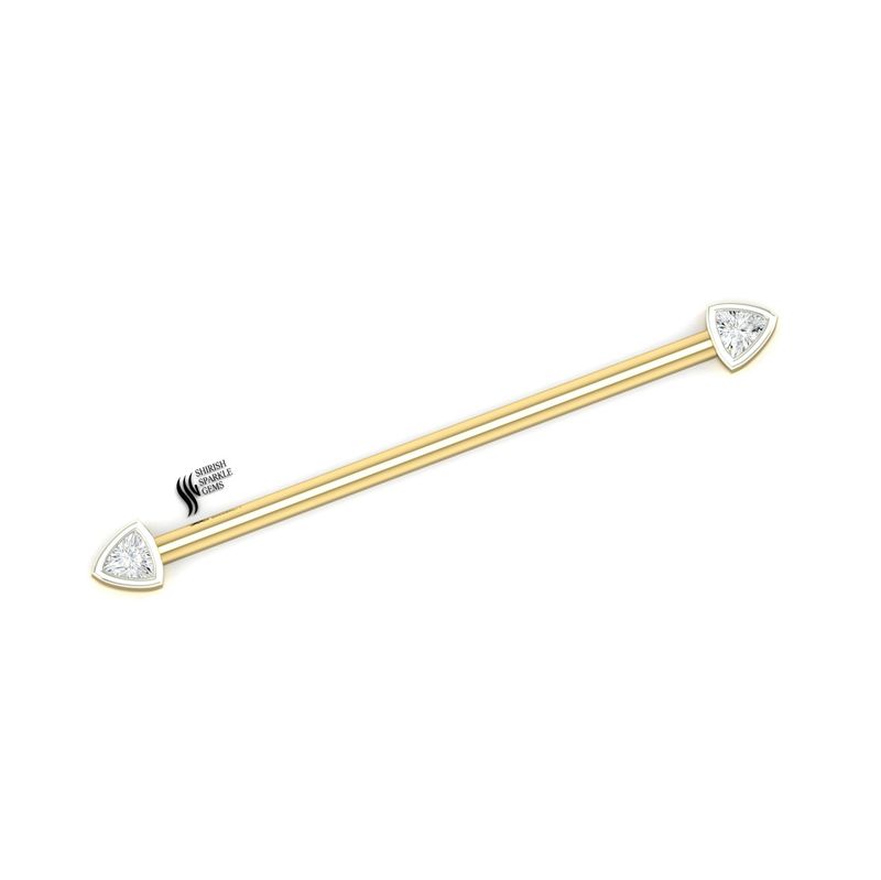 Gold Industrial Barbell | Trillion Cut Lab Grown Diamond Ear Cartilage Piercing | Luxury 14g Scaffold Bar | Unique Jewelry Gift for Her