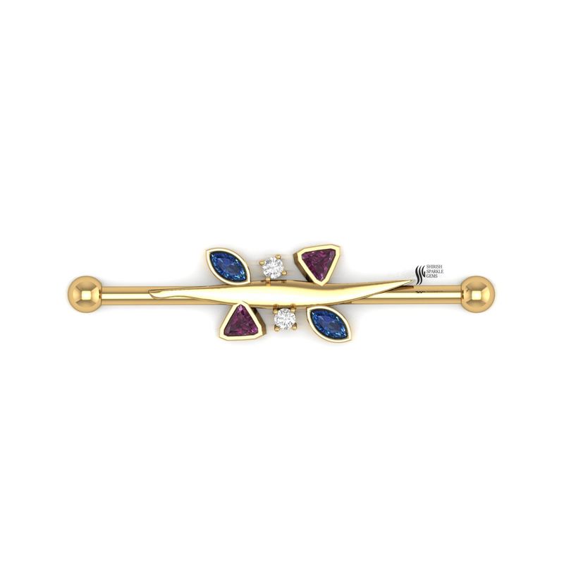 Pink Tourmaline & Blue Sapphire Industrial Barbell | Trillion Cut Diamond Ear Cartilage Piercing | Luxury Jewelry Gift