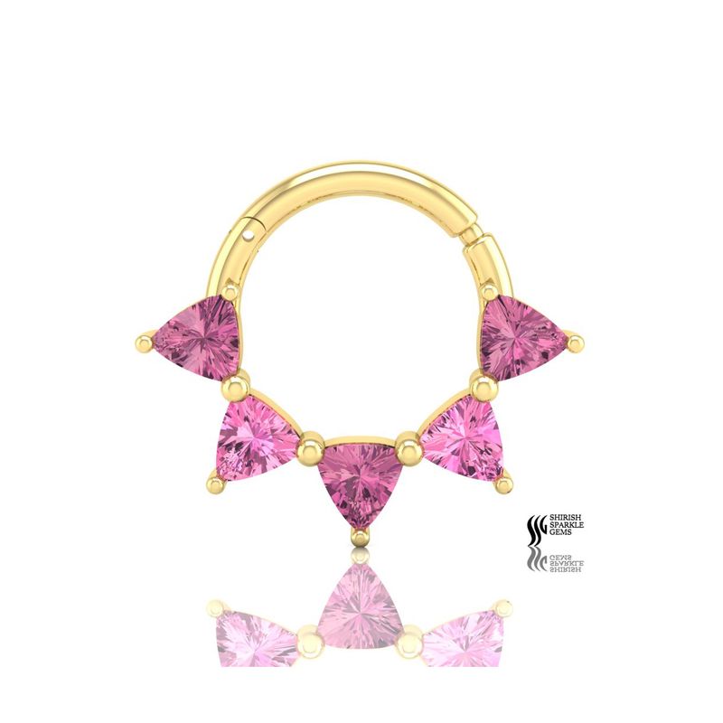 Pink Tourmaline Septum Clicker - Trillion Cut Pink Gemstone Nose Ring - Ornate Triangle Daith Hoop