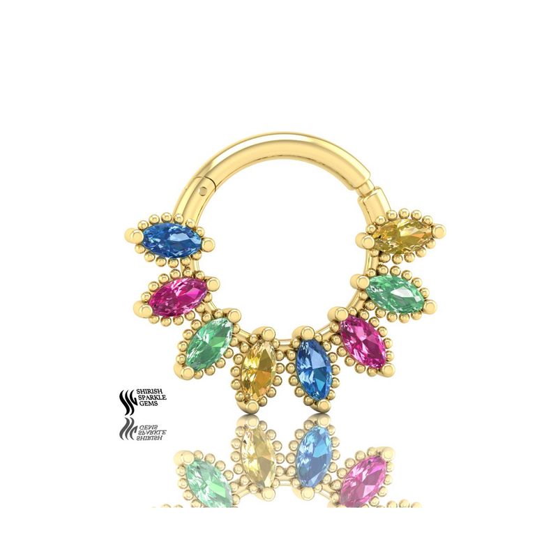 Multi Sapphire Septum Clicker - Rainbow Gemstone Nose Ring - Marquise Cut Colorful Daith Hoop