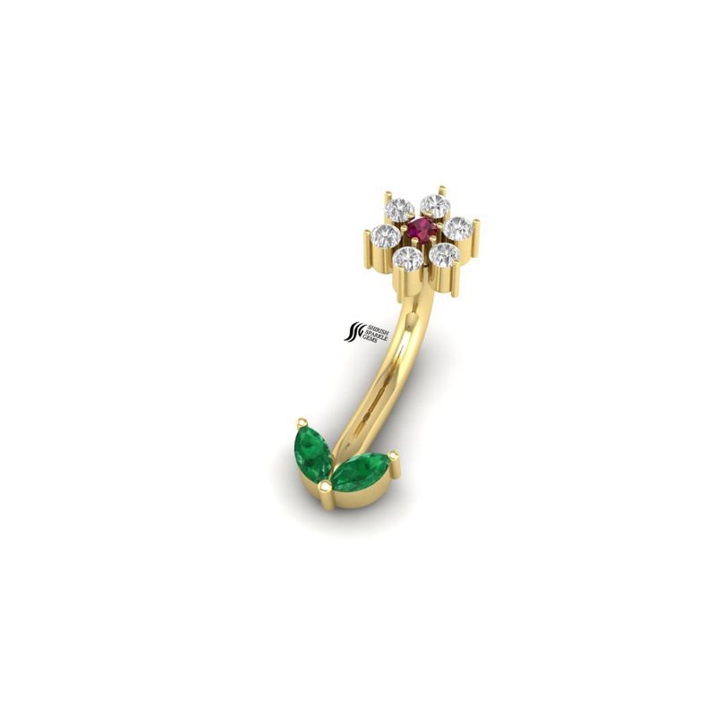 Ruby Flower Rook Jewelry, Marquise Cut Emerald Leaf Piercing, Natural Diamond Floral Curved Barbell, Premium Body Jewelry