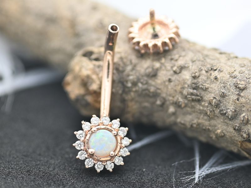 Opal Diamond Belly Button Ring 14K Gold Flower Navel Piercing