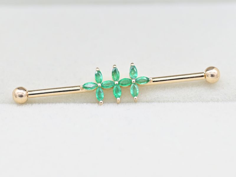 Emerald Floral Industrial Barbell in Gold | Designer Ear Piercing Jewelry