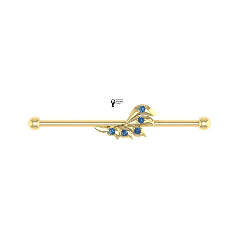 Solid Gold Industrial Barbell with Blue Sapphire Accents, 14K Gold Leaf Ear Piercing, Luxury Body Jewelry