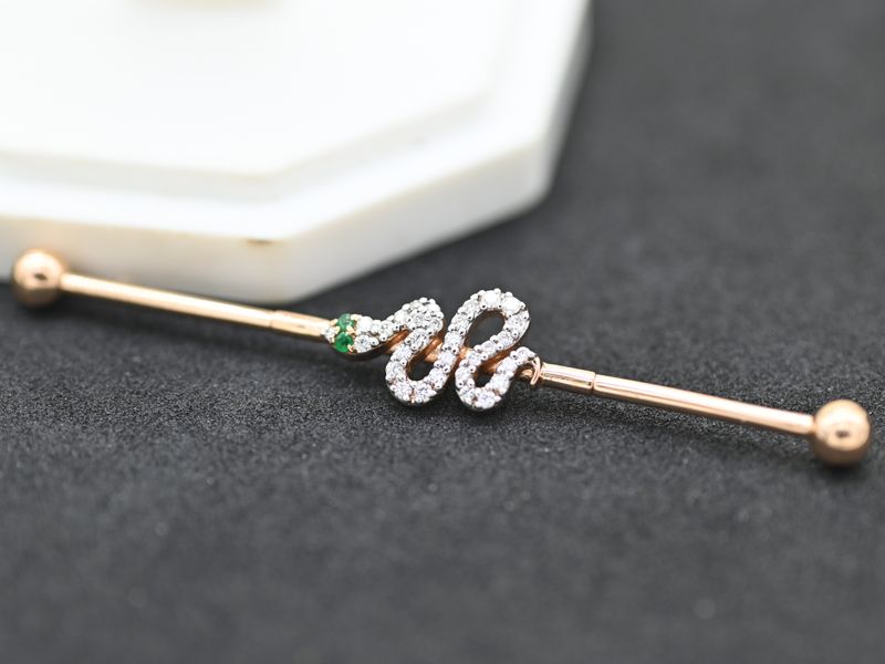 Luxury Snake Industrial Barbell with Emerald & Diamond Accents