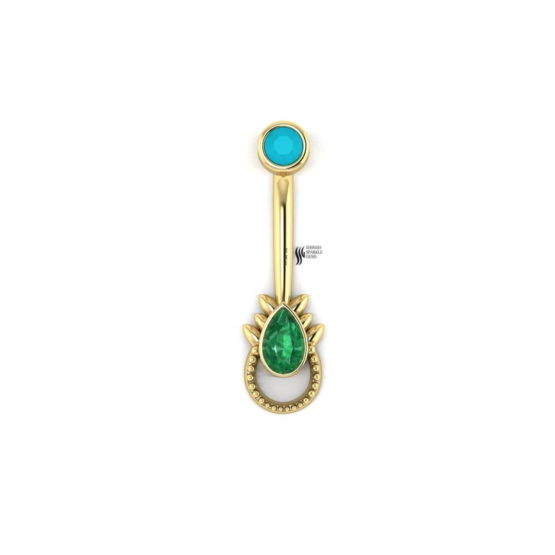Gold Pear Cut Emerald and Turquoise Belly Button Ring â Beaded Sunburst Navel Ring
