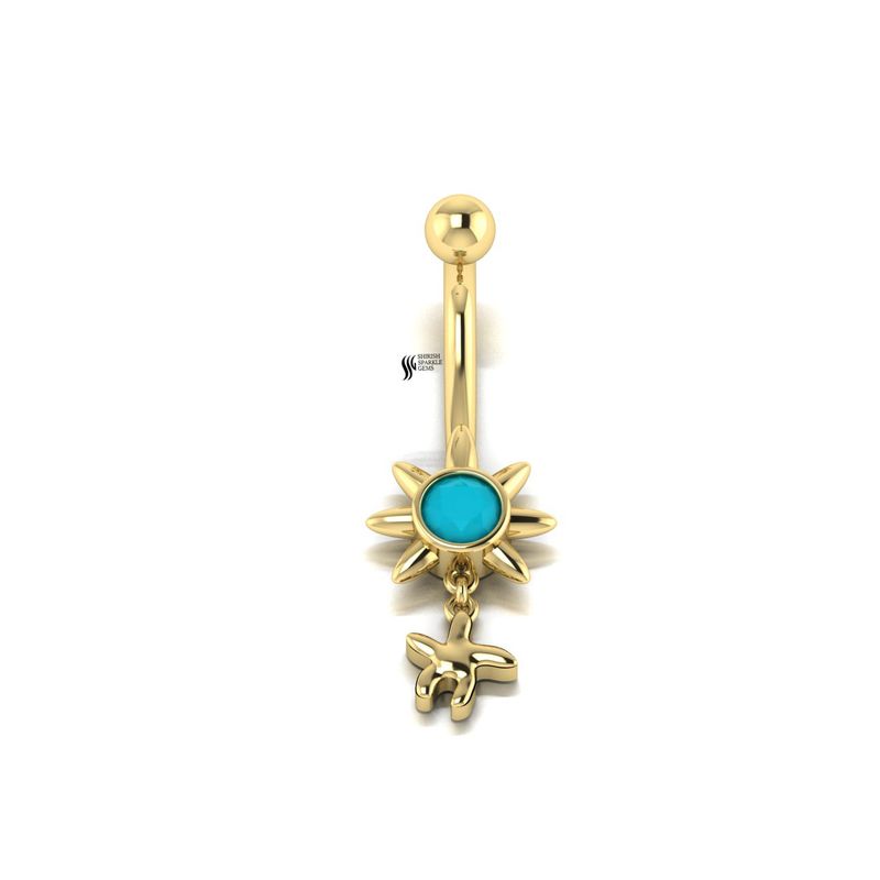 Solid Gold Turquoise Sunburst Belly Button Ring with Starfish Dangle