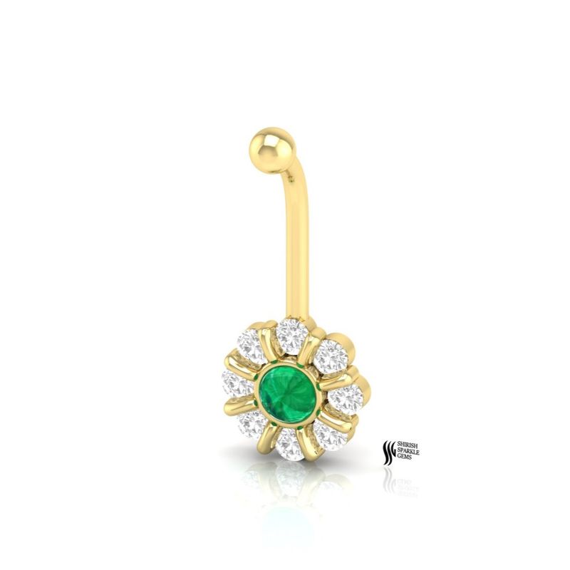 Natural Diamond and Emerald Flower Cluster Belly Button Ring in 18K Solid Gold