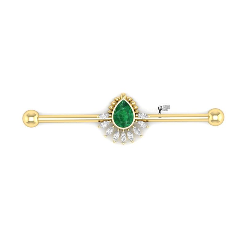 Pear Cut Emerald and Diamond Fan Industrial Piercing in 18K Solid Gold