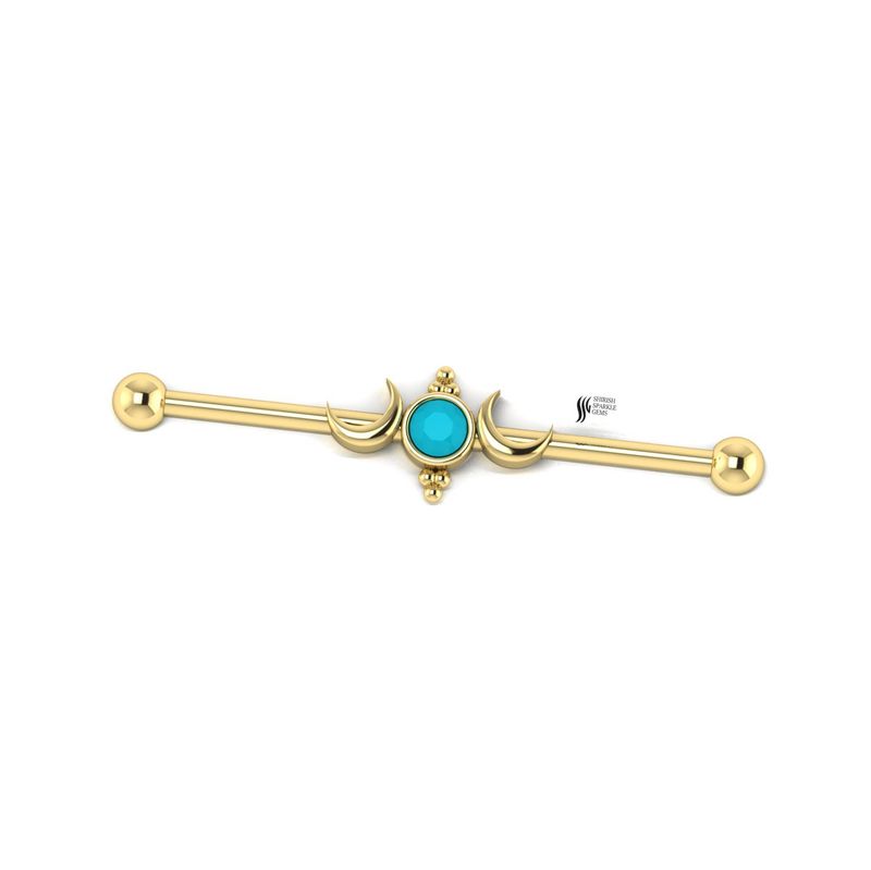 Solid 14K Gold Turquoise Triple Goddess Crescent Moon Industrial Barbell