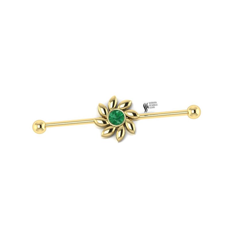 Emerald Industrial Barbell, Floral Sunburst Industrial Piercing, Green Emerald Scaffolding Earring, Botanical Fine Body Jewelry, Gift for Her