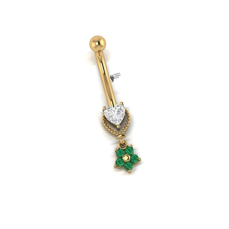 Heart Lab Diamond Belly Button Ring, Emerald Flower Dangle Navel Piercing, Romantic Fine Body Jewelry, Luxury Gift for Her