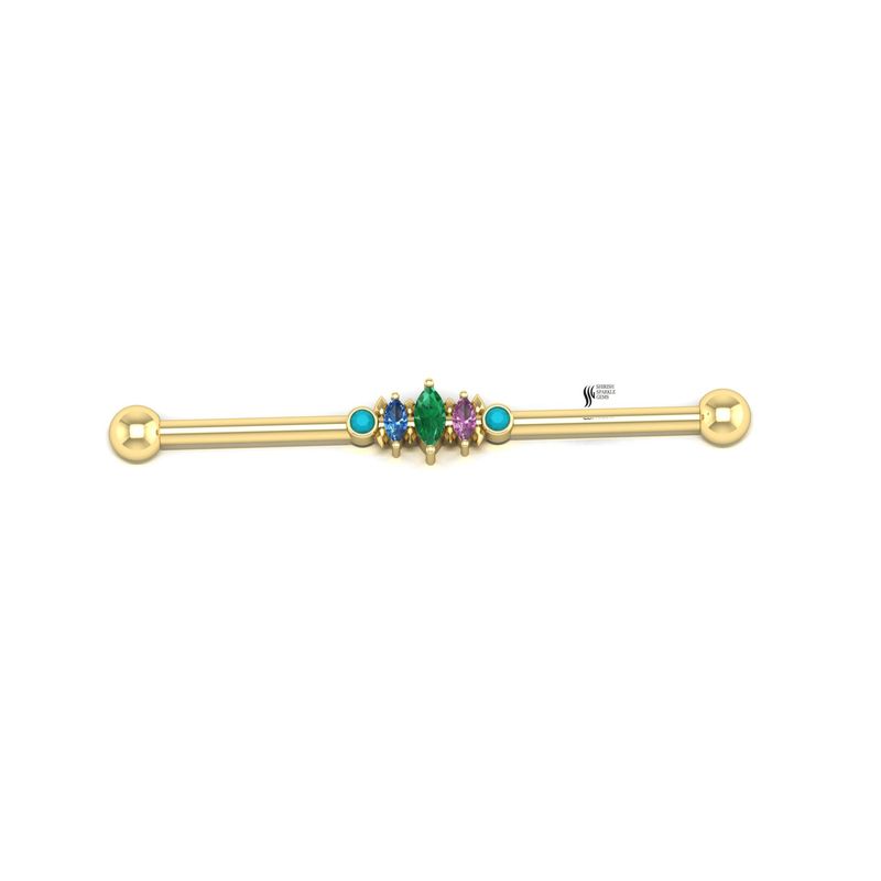 Industrial Barbell, Natural Emerald | Sapphire & Turquoise Piercing | Rainbow Gemstone Ear Bar