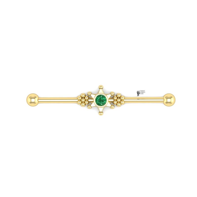 Gold Emerald Star Industrial Barbell, Celestial Helix Jewelry