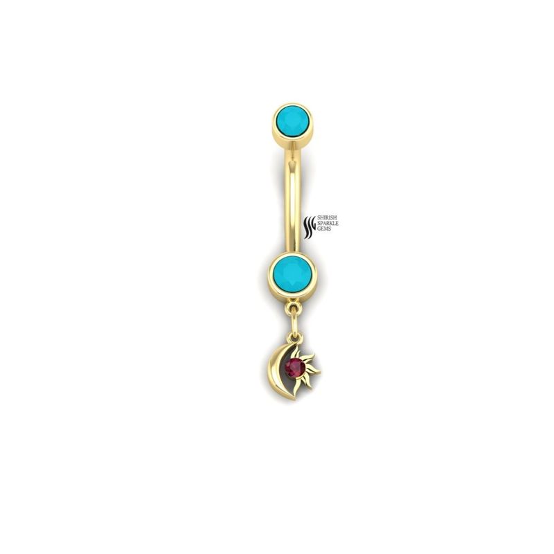 Natural Turquoise & Ruby Celestial Belly Button Ring , Dangle Crescent Moon