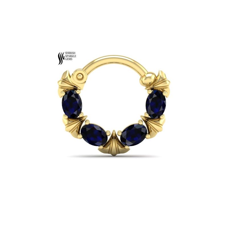 Blue Sapphire Septum Clicker, Real Gold Oval Cut Sapphire Nose Ring,