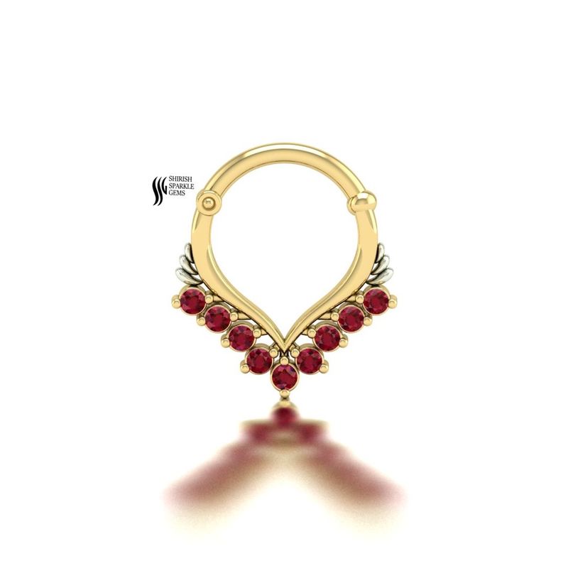 Gold Ruby Septum Clicker, Real Gold Round Cut Ruby V-Shape Nose Ring, Chevron Daith Hoop,