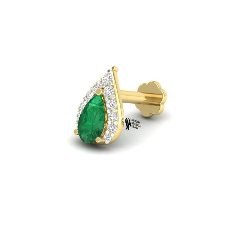 Gold Pear Cut Emerald Nose Pin, Real Diamond Halo Nose Stud, Pear Shape Natural Emerald Piercing,