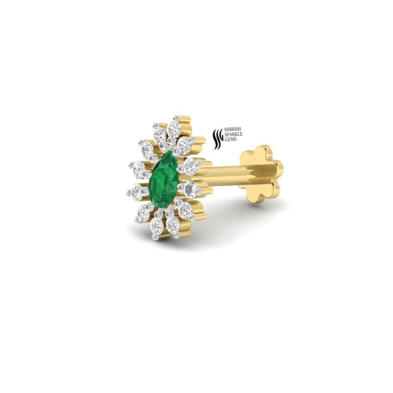 Pear Emerald Nose Pin, Sunburst Diamond Halo Nose Stud