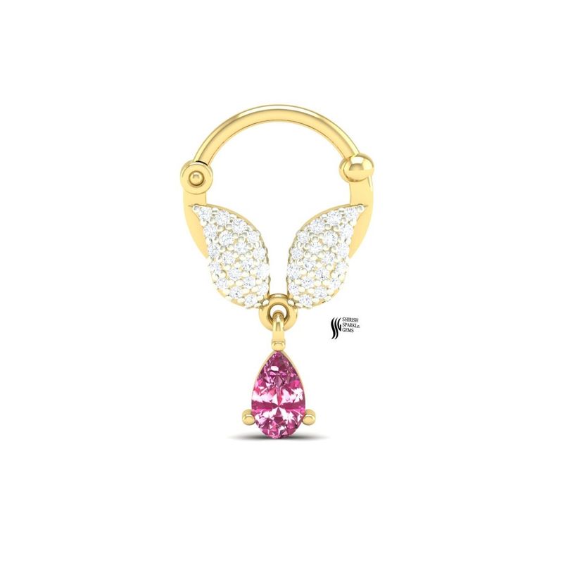 Pink Sapphire Angel Wing Septum Clicker, Real Diamond Wing Nose Ring, Pear Cut Sapphire Dangle Daith Hoop