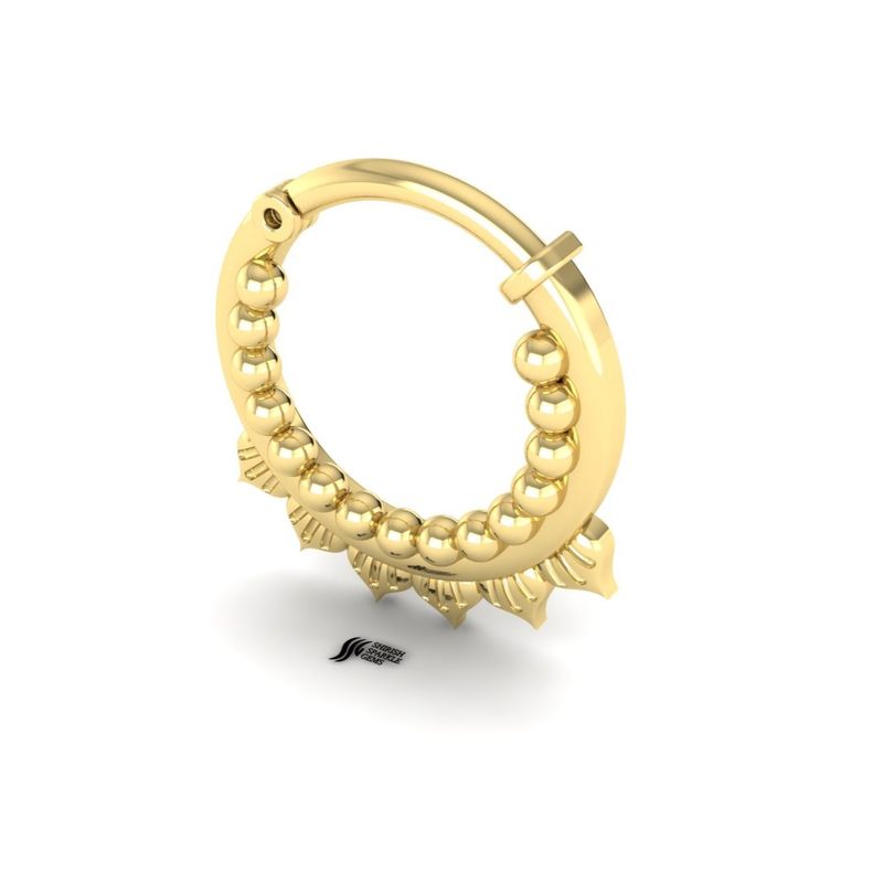 Gold Beaded Septum Clicker, Ornate Sunburst Nose Ring Hoop, Boho Tribal Gold Piercing,