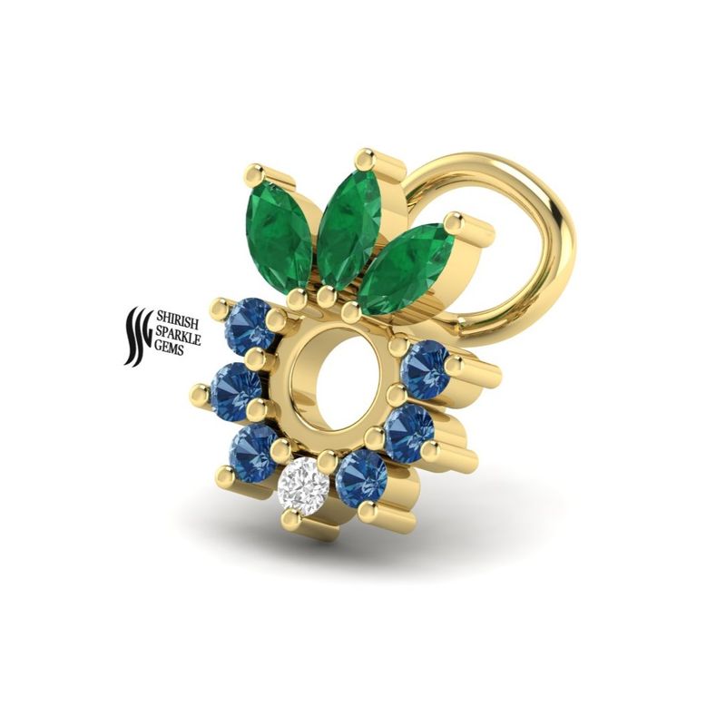 Emerald and Blue Sapphire Nose Pin, Real Diamond Floral Nose Stud, Multi-Gemstone Piercing