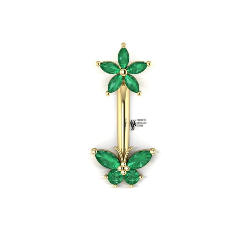 Emerald Butterfly Belly Ring, Marquise Emerald Flower Navel Piercing,