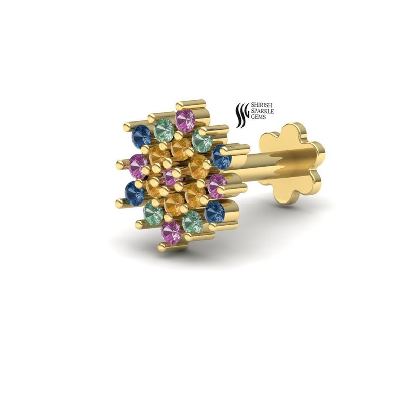 Multi-Sapphire Snowflake Nose Pin, Rainbow Gemstone Floral Nose Stud, Fine Gold Piercing Jewelry,