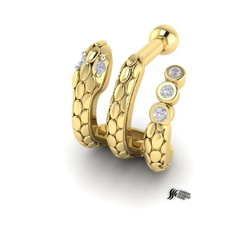 Gold Snake Helix Piercing, Genuine Diamond Serpent Cartilage Stud, Triple Wrap Gold Conch Earring,