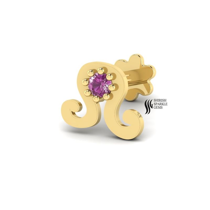Pink Sapphire Nose Pin, Round Cut Pink Gemstone Nose Stud, Filigree Scroll Gold Nostril Piercing,
