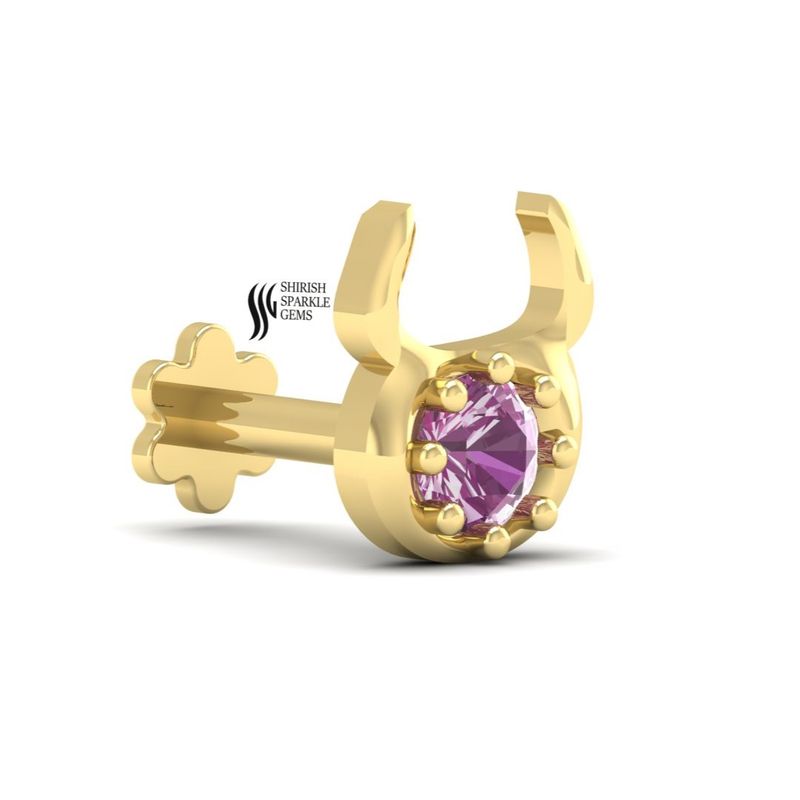 Taurus Zodiac Nose Pin in 14K Solid Gold, Round Pink Sapphire Astrology Stud,