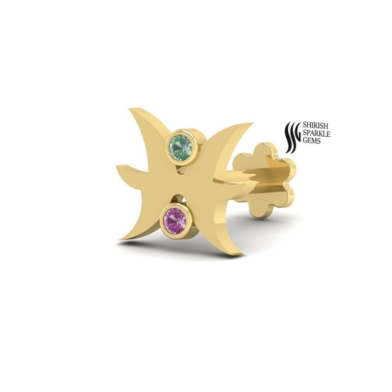 Gold Pink & Green Sapphire Nose Pin, Round Cut Gemstone Astrology Stud,